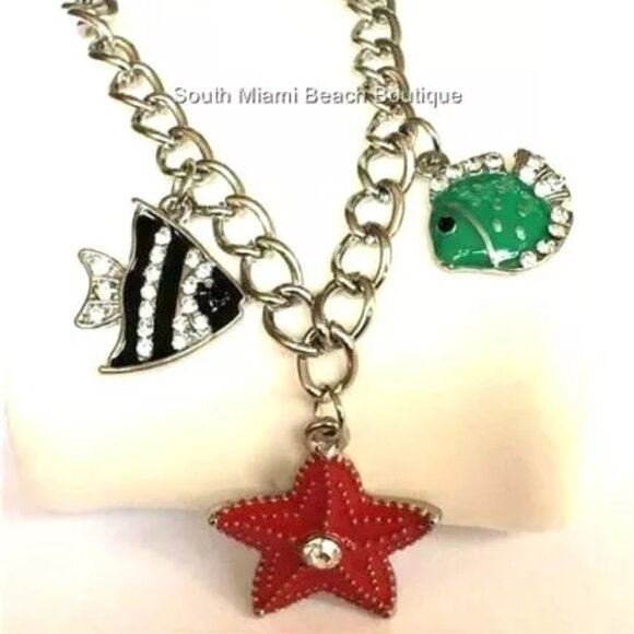 Sea Life Charm Bracelet Starfish Angel Fish 7-9" Silver Plated Crystal Enamel - Picture 9 of 12